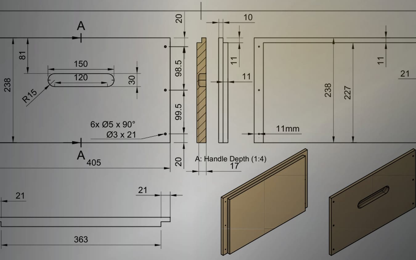 Beehive box manual plan drawing with handle and panel measurements