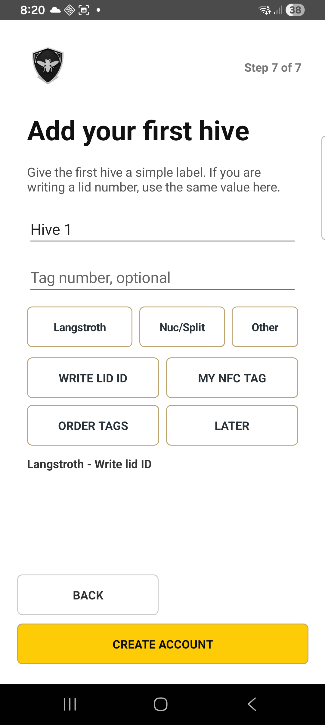 Add your first hive screen with optional tag number and lid ID options