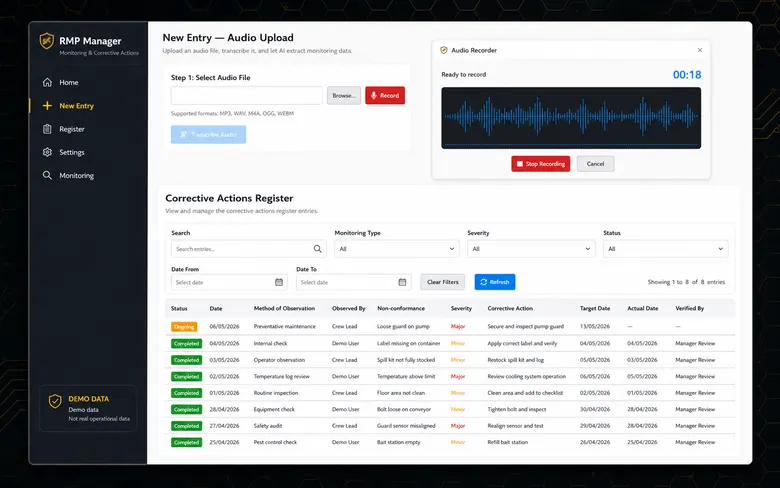 Anonymised corrective action register demo for privacy-safe public proof