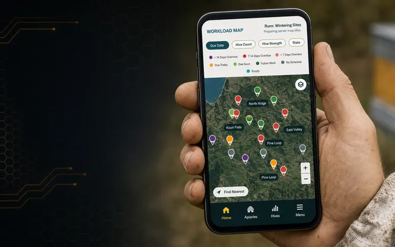 Mobile workload map demo with fictional apiary pins