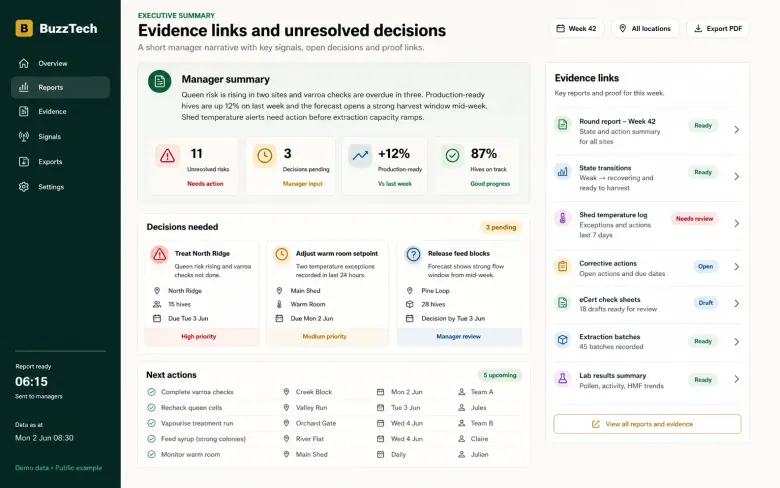 Executive summary showing unresolved risks, decisions and evidence links