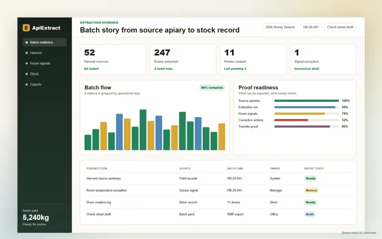 Extraction evidence report connecting source apiary, batch flow, drums and proof readiness