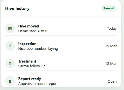 ApiaryOS mobile hive history