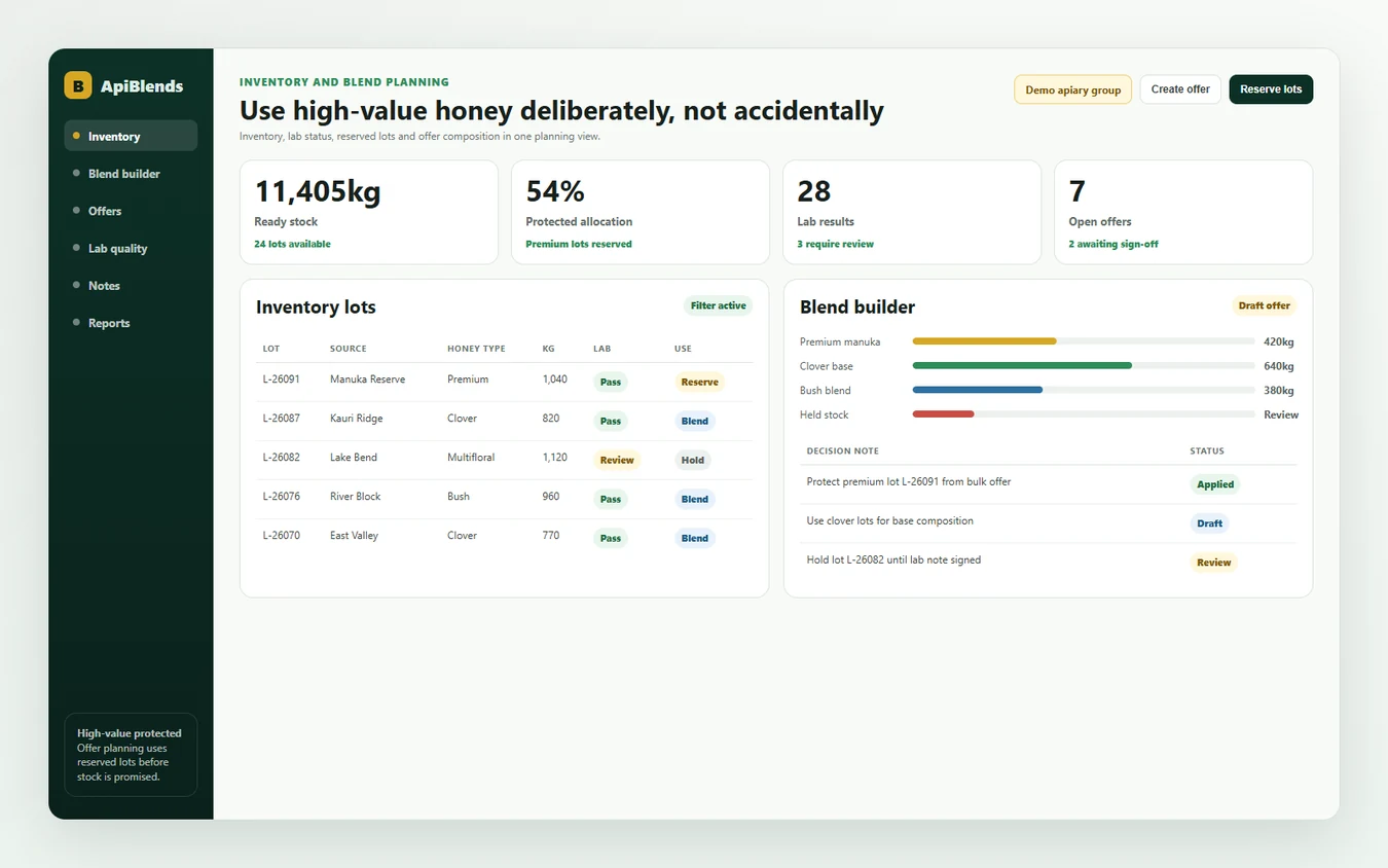 ApiBlends inventory and notes preview
