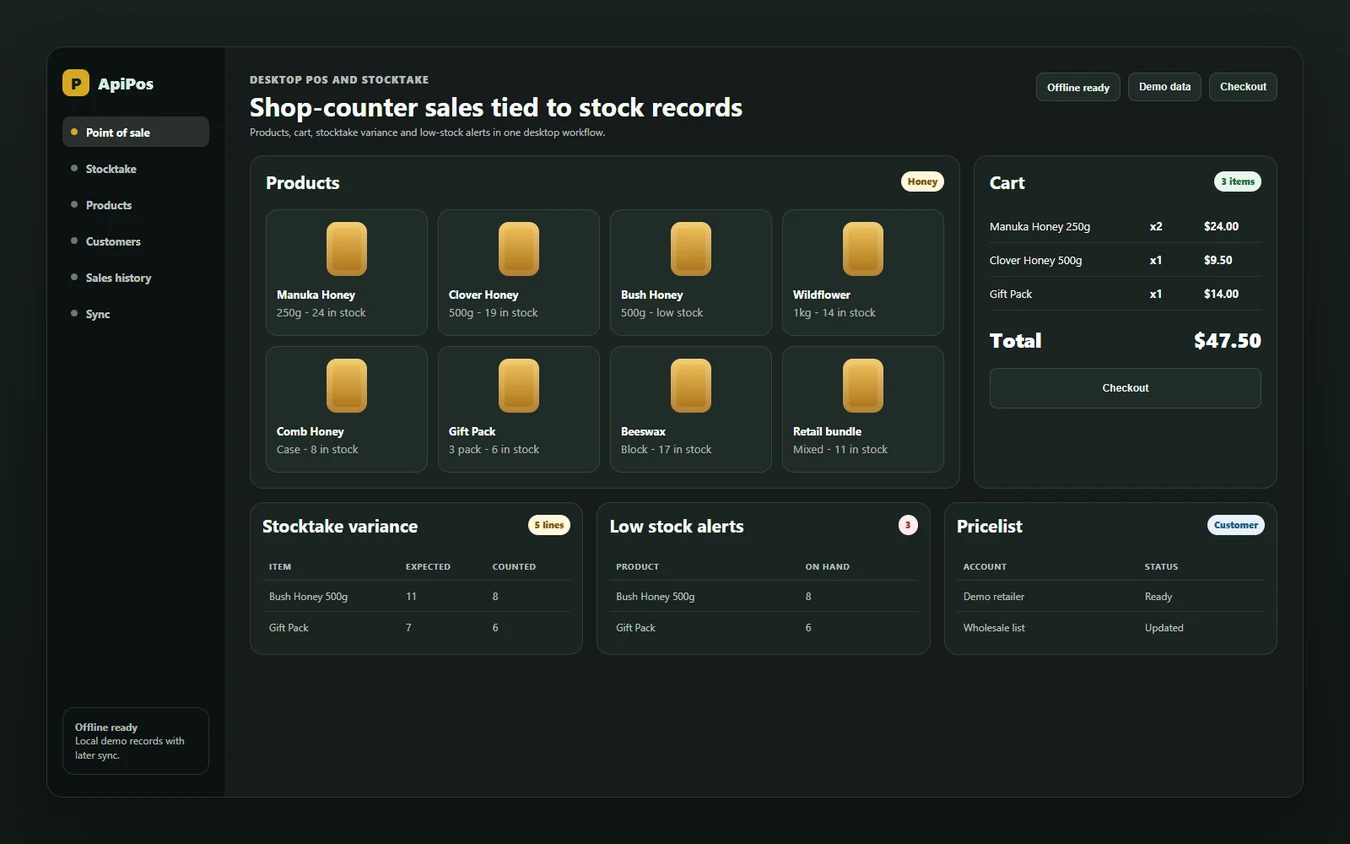 ApiPos desktop point of sale and stocktaking screen with honey products, stock counts and checkout cart