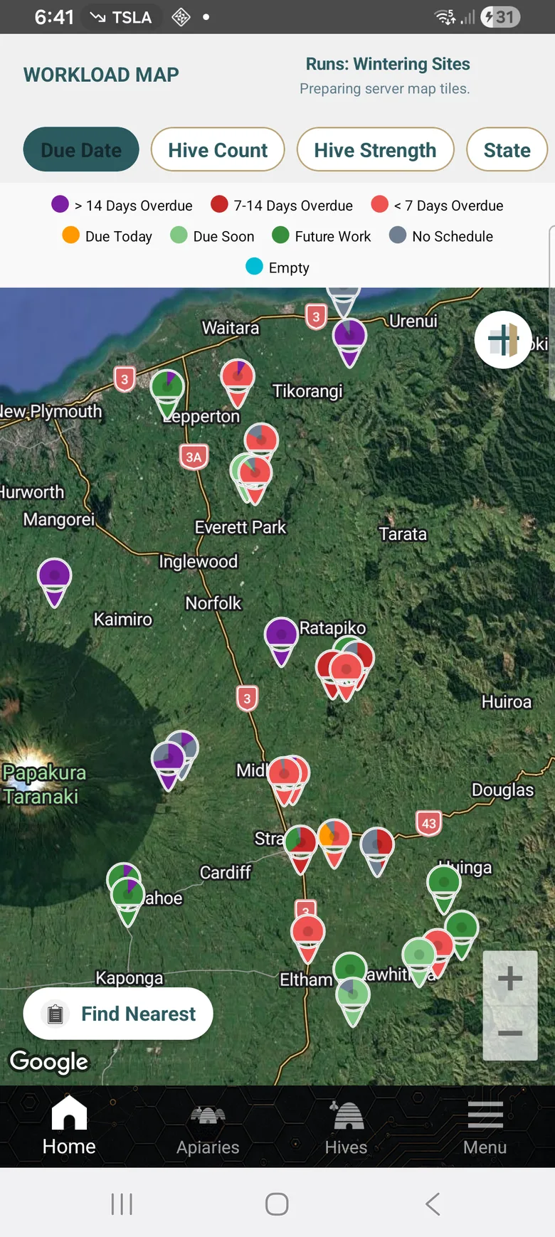 Actual BuzzTech mobile workload map showing real apiaries across Taranaki coloured by due date