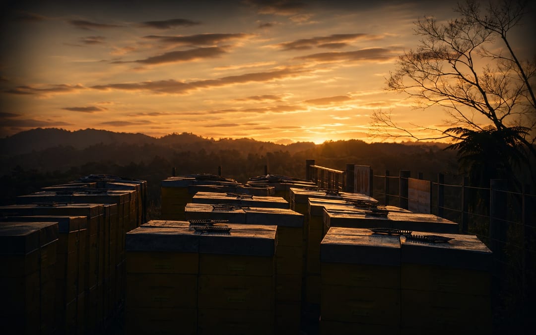 Late-season apiary at sunset showing the operating pressure around commercial beekeeping
