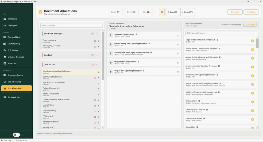 ApiTraining Manager document allocation screen showing course coverage, gaps and assignments