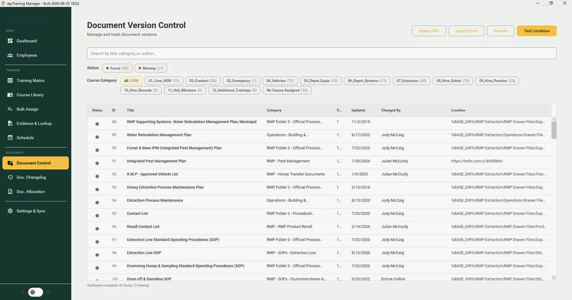 ApiTraining Manager document version control screen with SOP and course categories